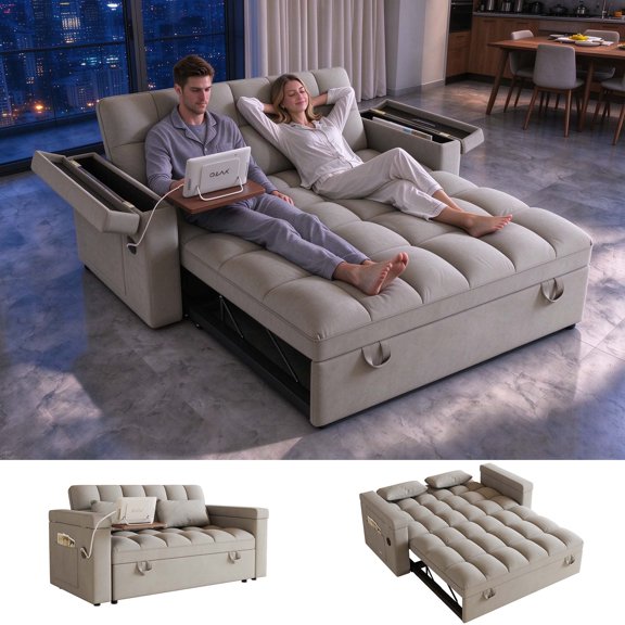 65" Sleeper Sofa Bed Full Size, Velvet Pullout Couches for RVs, Light Gray,Convertible Loveseat Couch for Small Space, Apartment, Adjustable Backrest, USB, Tufted, 2 Pillows, Side Tray, Side Pockets