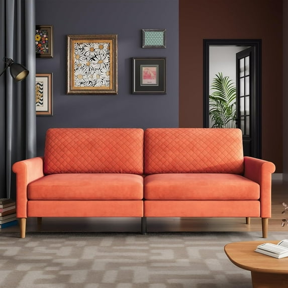 Vesgantti 75'' Mid-Century Modern Sofa, Comfortable Upholstered Orange Couch, 2/3 Seater with Side Pockets for Living Room
