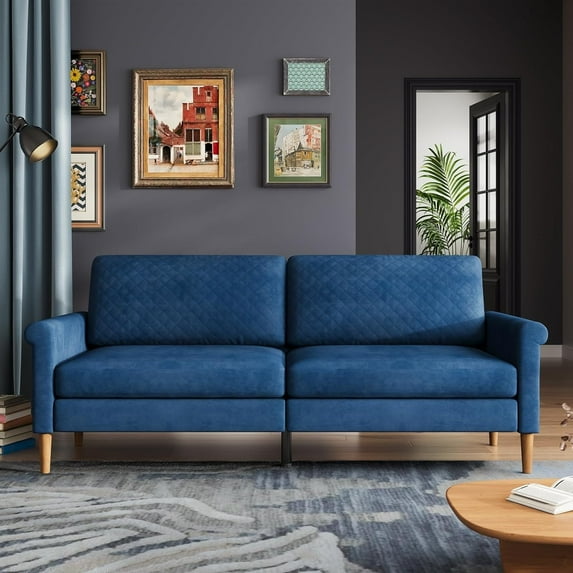 75'' Mid-Century Modern Sofa, Comfortable Upholstered Blue Couch, 2/3 Seater with Side Pockets for Living Room