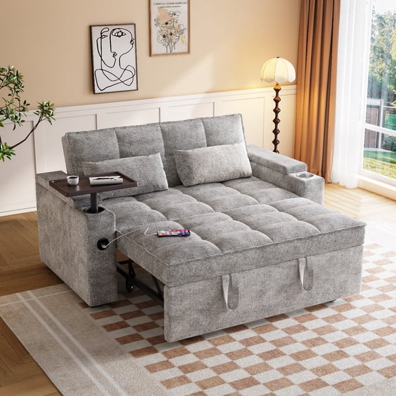 65" Sofa Bed, Loveseat 3-in-1 Sleeper Sofa with Pull Out Bed, 360° Swivel Side Table and USB, 2 Seater Convertible Small Couch for Living Room Apartment (Gray, Chenille)