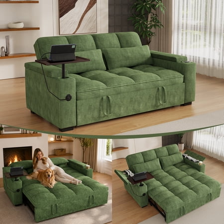 65" Sofa Bed, Loveseat 3-in-1 Sleeper Sofa with Pull Out Bed, 360° Swivel Side Table and USB, 2 Seater Convertible Small Couch for Living Room Apartment (Green, Corduroy)