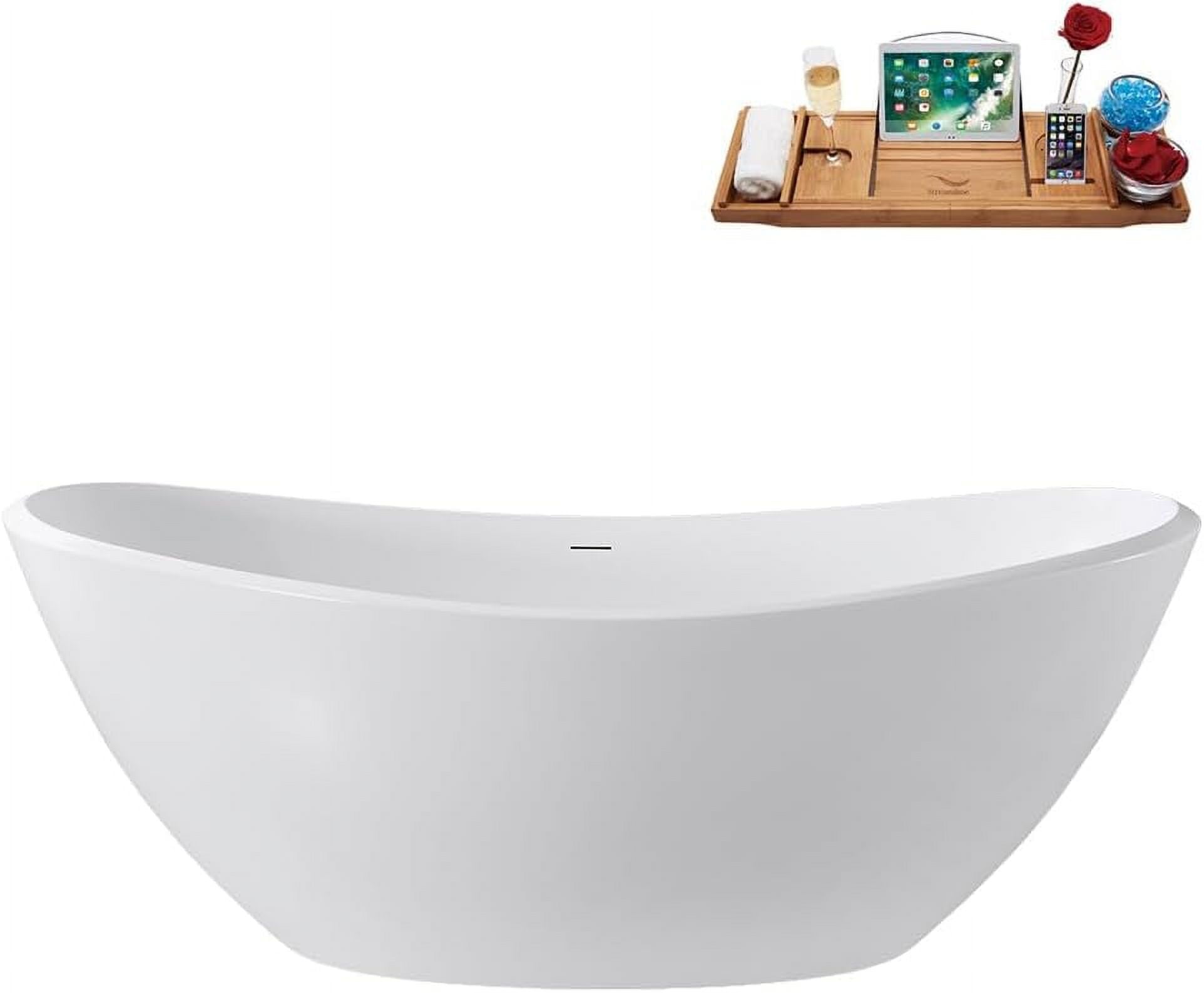 65" Streamline G-13-112-WH Soaking Glossy White Freestanding Tub and Tray With Internal Drain in Glossy White