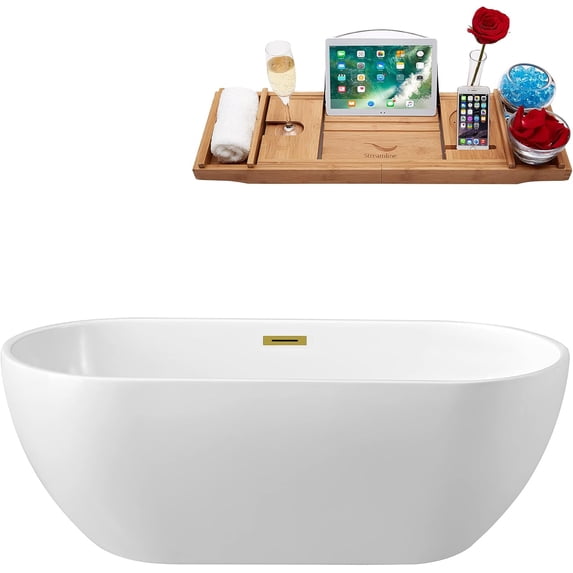 65" Streamline N141GLD Soaking Freestanding Tub and Tray With Internal Drain in Polished Gold