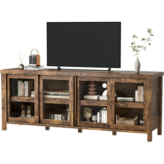65" TV Stand, Entertainment Center with 4 Sliding Glass Doors and Storage, Mid-Century Modern Media TV Console Table for Living Room