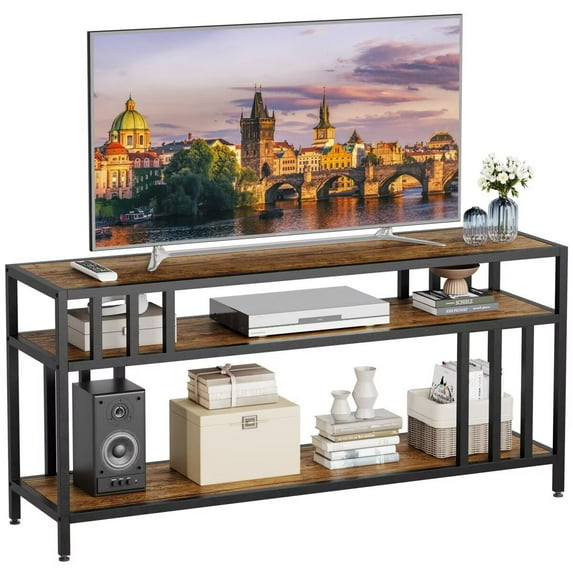 65" TV Stand for TV up to 75 Inches, Wooden TV Console Table with Open Storage Shelves, Modern Entertainment Center with Metal Frame for Living Room, Bedroom, Rustic Brown
