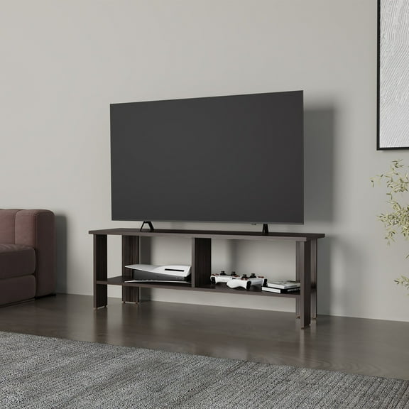 65" TV Stand with Open Storage, Walnut Stained Design, Stylish & Functional Living Space Decor