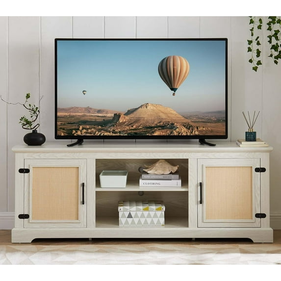 65" TV Stands for Living Room for 60 65 70 inch Television, Entertainment Center with Storage 2 Rattan Doors Cabinets & Cable Holes, Wood Rustic TV Console, Farmhouse Furniture(White Oak)