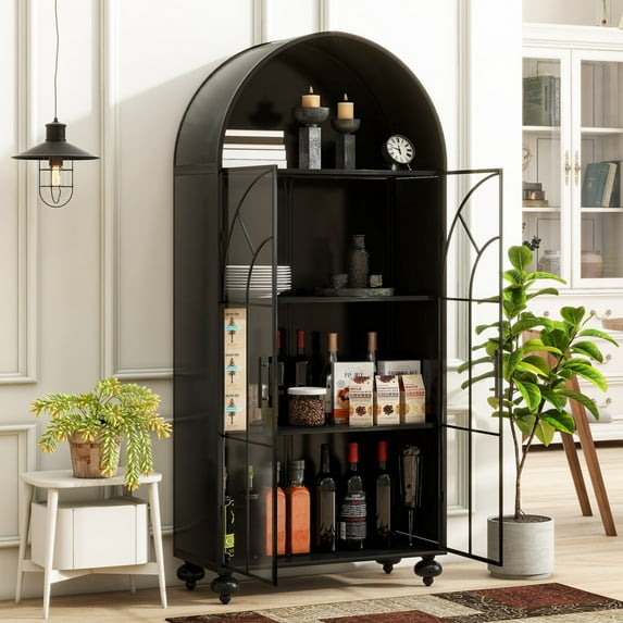 65" Tall Arched Kitchen Pantry, Modern Farmhouse Kitchens Storage Cabinets with Glass Doors and Open Display Shelves, Versatile Cupboard for Kitchen, Dining Room, Black