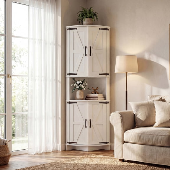 65" Tall Corner Cabinet with Adjustable Shelves, Farmhouse Style Storage Cabinet for Bathroom, Kitchen, Living Room(White)