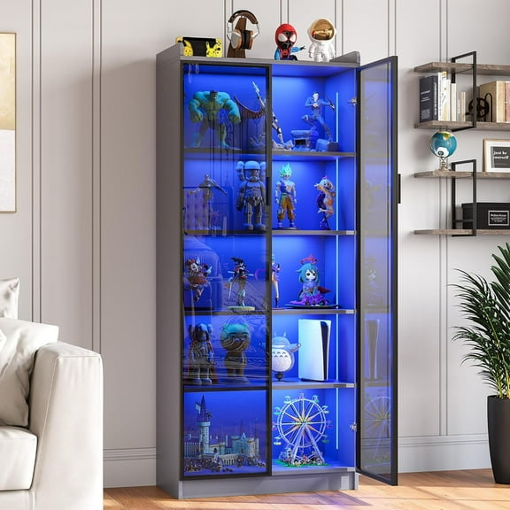 65" Tall Display Cabinet with Doors and Adjustable Shelves, 5 Tier Display Case with Metal Handle/LED Lights/Human Sensor, Bookcase for Collectibles Office, Grey