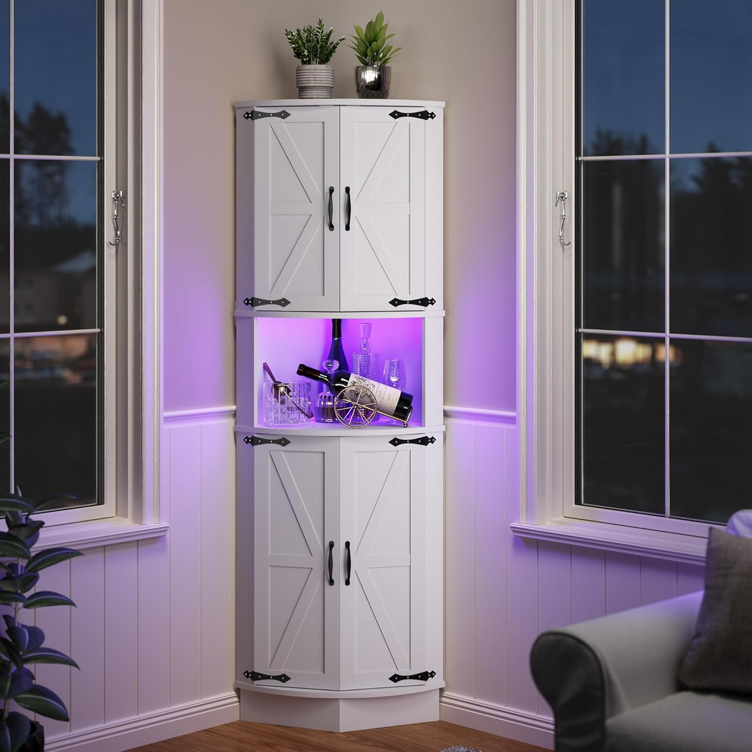 65" Tall Farmhouse Corner Cabinet with LED Light, Display Storage Cabinet with Barn Door, Tall Bathroom Cabinet, Standing Corner Storage Cabinet with 5 Tier Shelves and USB Ports & Outlets for Living