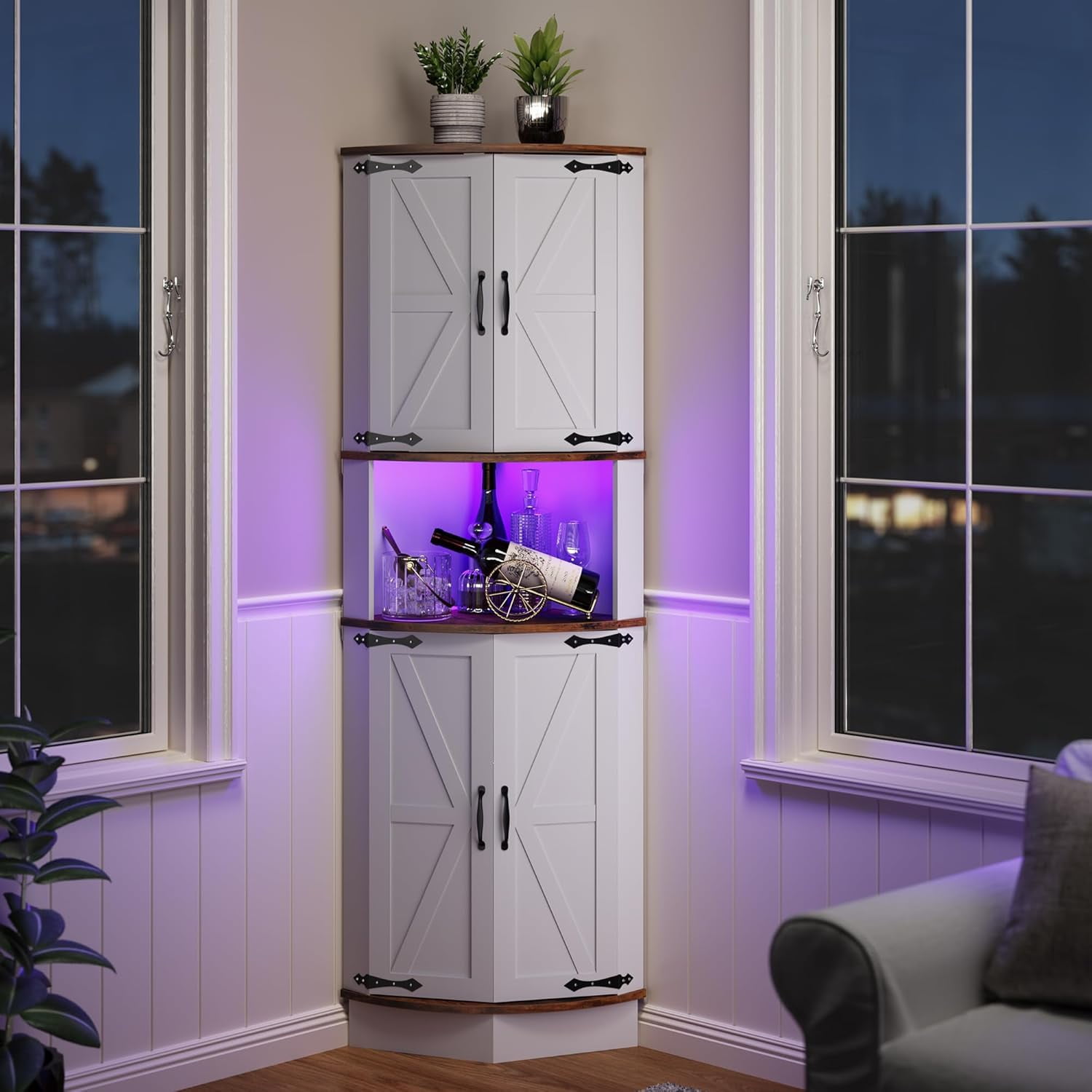 65" Tall Farmhouse Corner Cabinet with LED Light, Display Storage Cabinet with Barn Door, Tall Bathroom Cabinet, Standing Corner Storage Cabinet with 5 Tier Shelves and USB Ports & Outlets for Living