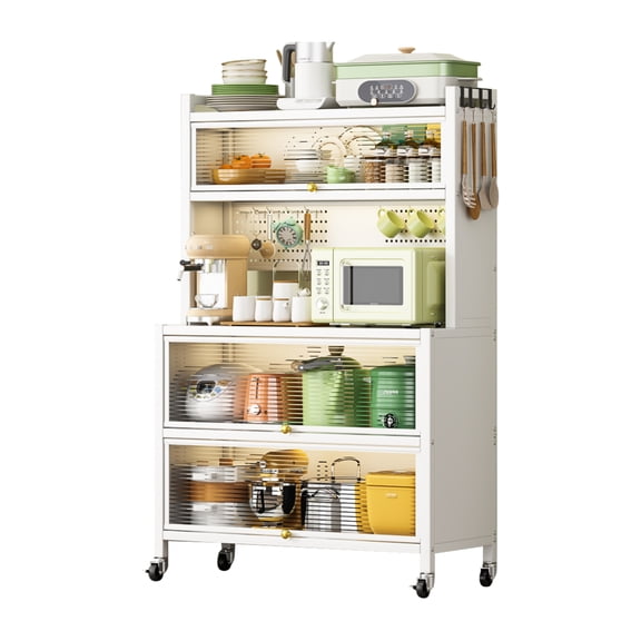 65'' Tall Kitchen Bakers Rack with Flip Door Cabinet, 5-Tier Microwave Stand & Coffee Bar, Heavy Duty Storage Shelving Unit with Pegboard & Hooks,White
