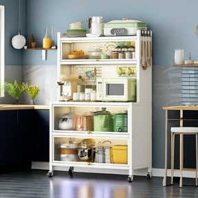 65'' Tall Kitchen Bakers Rack with Flip Door Cabinet, 5 Tier Multifunctional Microwave Stand Buffet, Coffee Bar, Kitchen Pantry Storage Cabinet Shelf, Quick Assembly, White