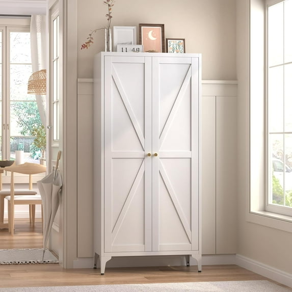 65'' Tall Metal Storage Cabinet, Kitchen Pantry Storage Cabinets with Doors and 3 Adjustable Shelves, White Food Pantry Cabinets for Dining Room, Living Room, Office, White