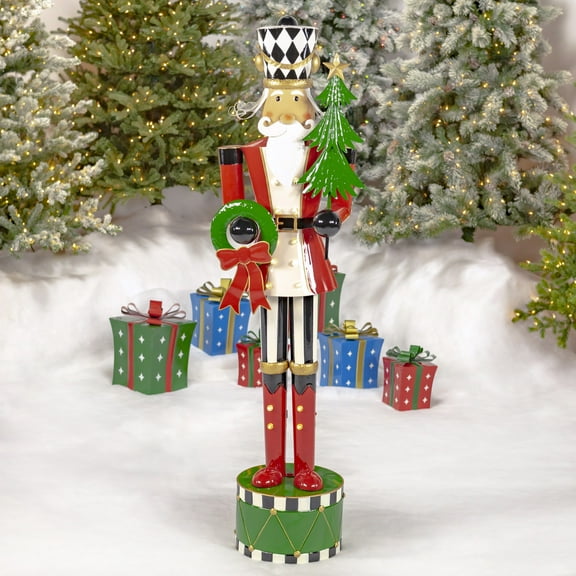 65" Tall Standing Iron Nutcracker with Christmas Tree, Wreath, & LED Lights "Emmanuel"
