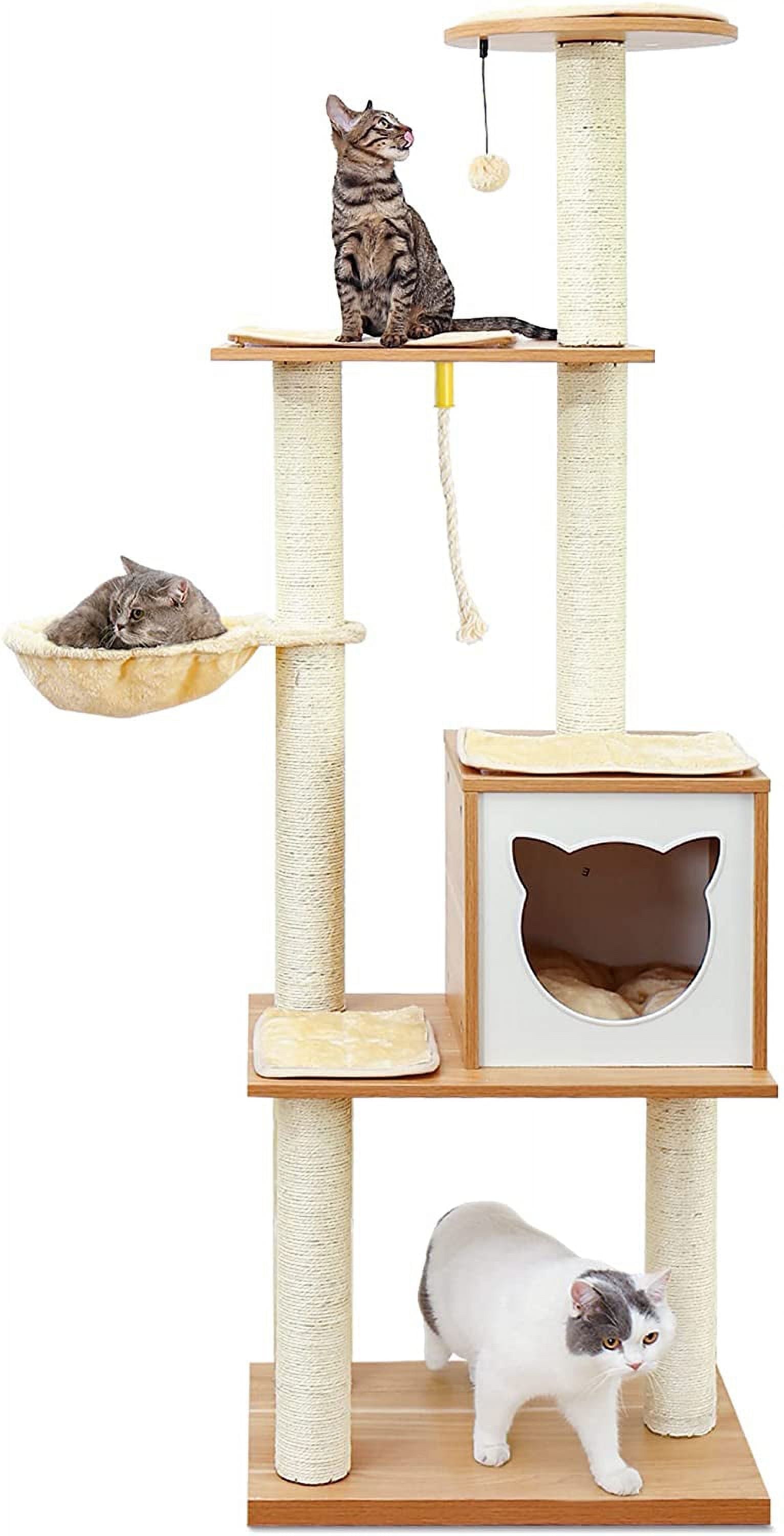 65" Tall Wood Condo Cat Tree Tower with Hammock, Scratching Post and Removable Pads