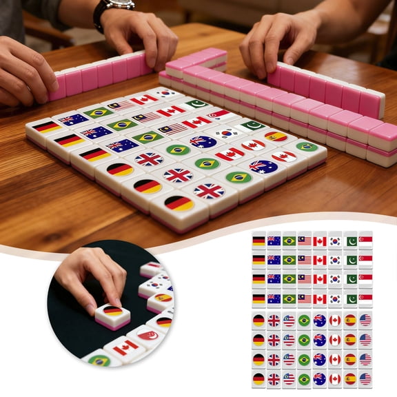 65 Tiles Mini National Flag Mahjong Matching Game Portable Travel Mahjong Tile Set Educational Elimination Game for Family Picnic Party Use