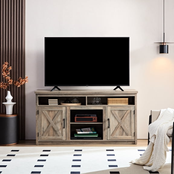 65" Tv Cabinet With Flair, Gray Wash, Storage Spaces & Cable Management Tools Barn Door Stand, Compatible, Versatile Storage,
