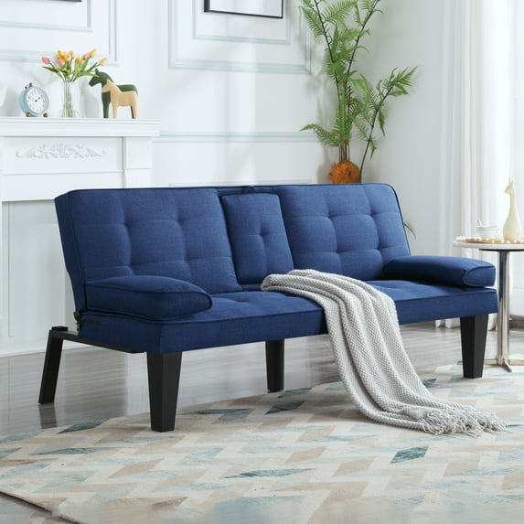 65" Twin Futon Sofa Bed Couch, Convertible Daybed Sofa with Cup Holders, Adjustable Backrest & Removable Arm Cushions, Folding Couch for Home, Office, or Guest Room, Fold Out Couch Bed Blue