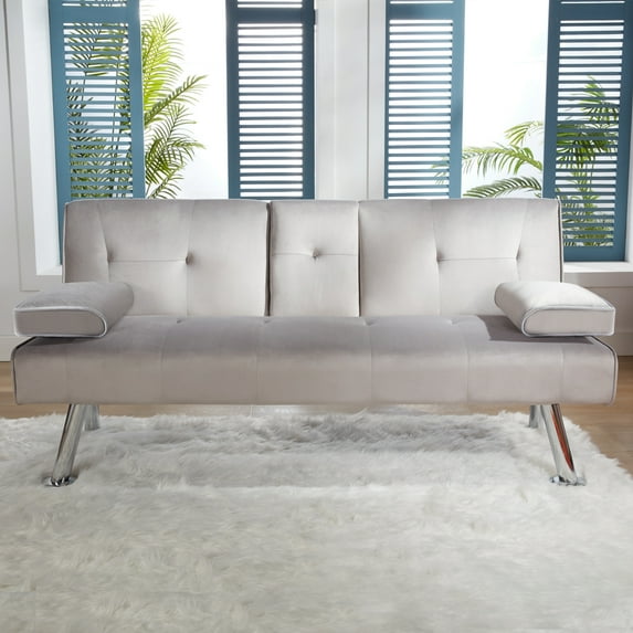 65" Upholstered Folding Futon Sofa Bed Modern Convertible Couch 2 Cup holders Fabric loveseat Plush Furniture for Compact Living Space Apartment Dorm Bonus Room w/Removable Armrests