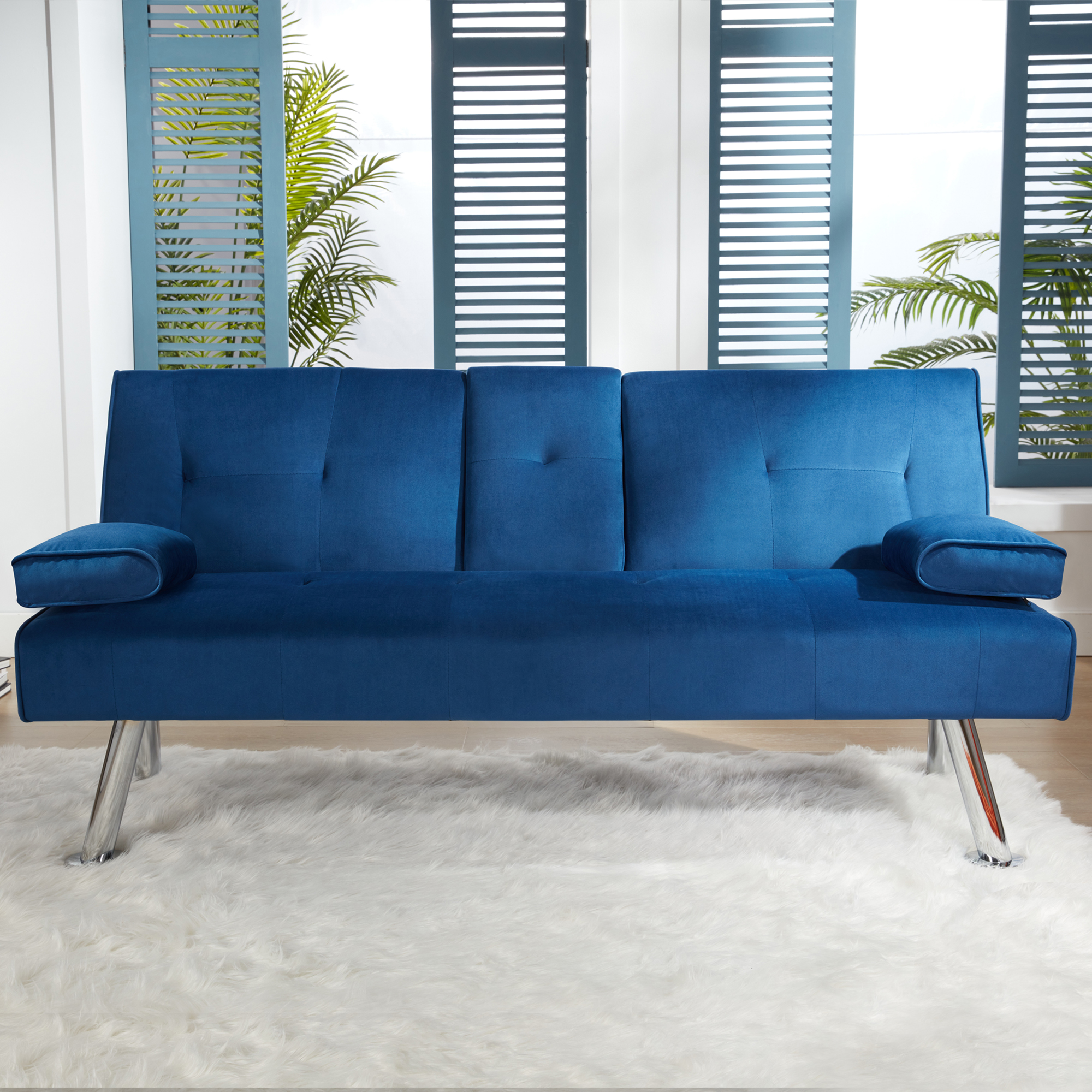 65" Upholstered Folding Futon Sofa Bed Modern Convertible Couch 2 Cup