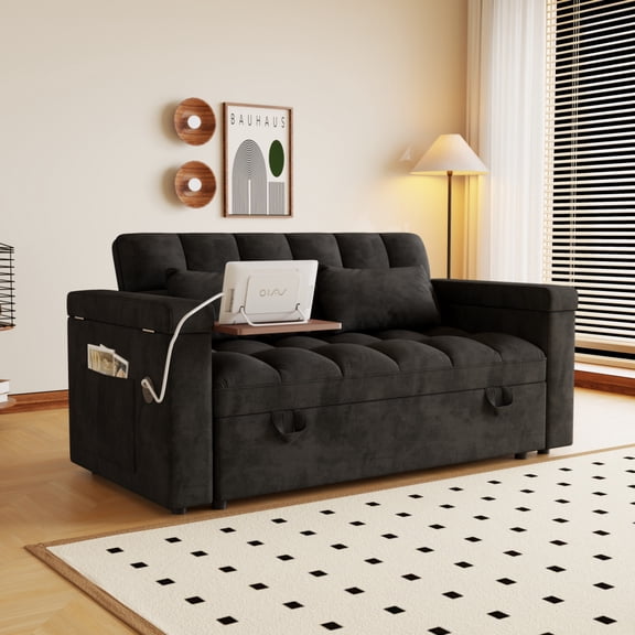 65" Velvet Convertible Loveseat Pull Out Bed, 5-Position Adjustable Back Sofa Bed with Built-in USB Table & Storage Armrests, Modern Sleeper Sofa for Home Office, Guest Room, Small Space-Black