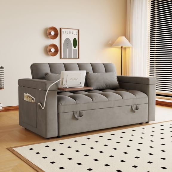 65" Velvet Convertible Loveseat Pull Out Bed, 5-Position Adjustable Back Sofa Bed with Built-in USB Table & Storage Armrests, Modern Sleeper Sofa for Home Office, Guest Room, Small Space-Dark Gray