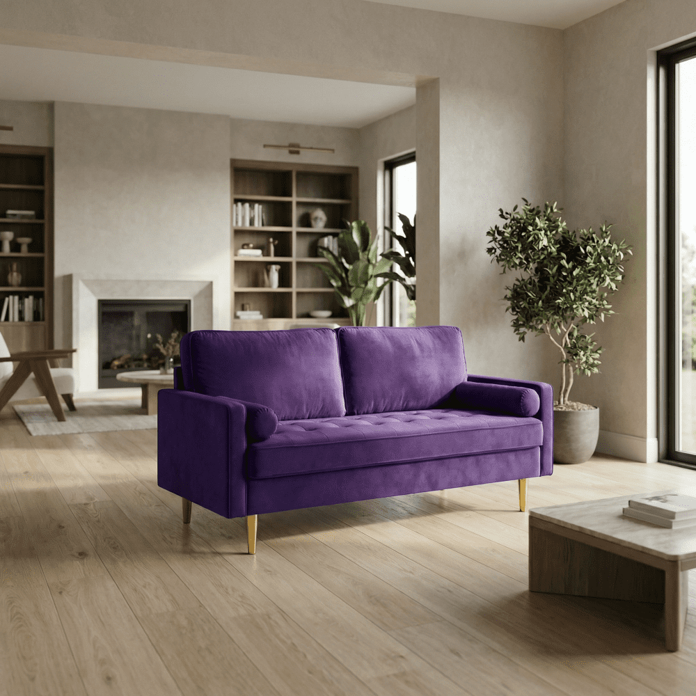 65" Velvet Upholstered Small Loveseat Couch, 2 Seater Sofa with Pine Wood Frame, Comfortable Loveseat with High-Density Sponge for Living Room, Purple