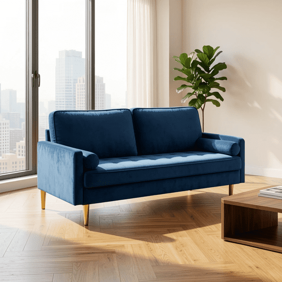 65" Velvet Upholstered Small Loveseat Couch, 2 Seater Sofa with Pine Wood Frame, Comfortable Loveseat with High-Density Sponge for Living Room, Navy