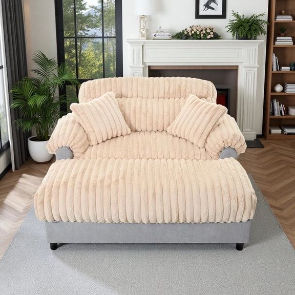 65" W Oversized Faux Fur Upholstered Chaise Lounge with 2 Matching Pillow, Champagne