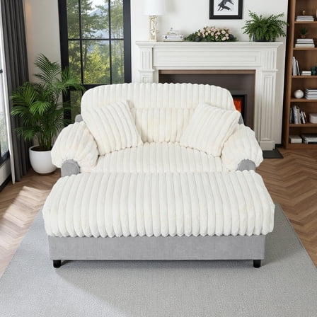 65" W Oversized Faux Fur Upholstered Chaise Lounge with 2 Matching Pillow, Beige