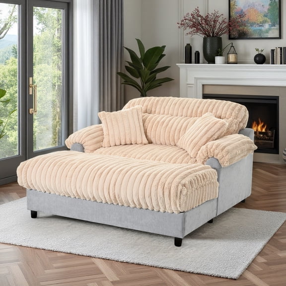 65" W Oversized Faux Fur Upholstered Chaise Lounge with 2 Matching Pillow, Champagne