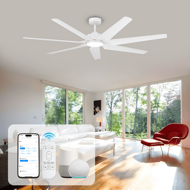 65" White Ceiling Fans with Light, Smart Alexa/APP & Remote Control Modern Indoor Outdoor Large Ceiling Fan, Dimmable, 7 ABS Blades, Quiet DC Motor