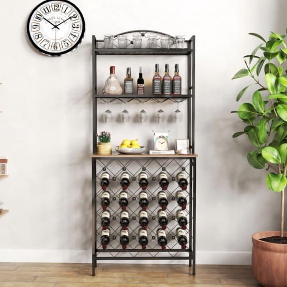 65" Wine Rack Bar Table, Bar Table Cabinet with Glass Holder, Freestanding Coffee Bar Storage Shelves, 3-Tier Liquor Bottle and Glass Holder for Kitchen, Dining Room, Living Room
