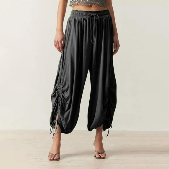Up to 65% off Women's Capri Pants, Women Solid Color Drawstring Linen Casual Loose Casual Wide Leg Straight Leg Cropped Pants With Pockets Cropped Pants(Black,XL)