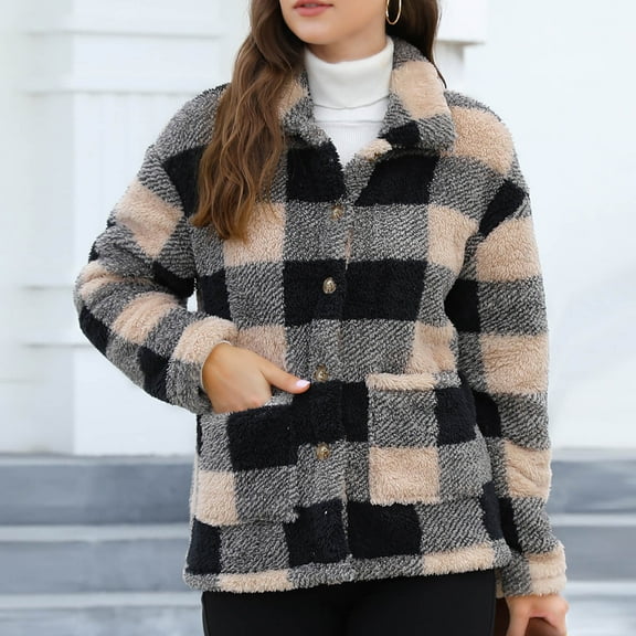 Up to 65% off Women's Cozy Fleece Jacket Western Aztec Print Snap Button Down Coat with Pockets Ladies' Winter Plaid Long-sleeved Turtleneck Jacket Khaki M