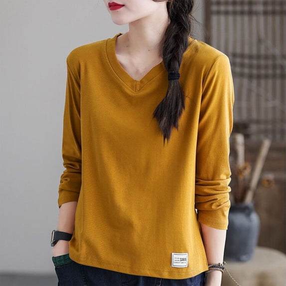 Up to 65% off Women's Long Sleeve T-shirts, Women's V-neck T-shirt Women's Long Sleeved Loose Spring And Summer Casual Base Shirt Plus Size Long Sleeved V-neck Top/shirt(Yellow,XL)