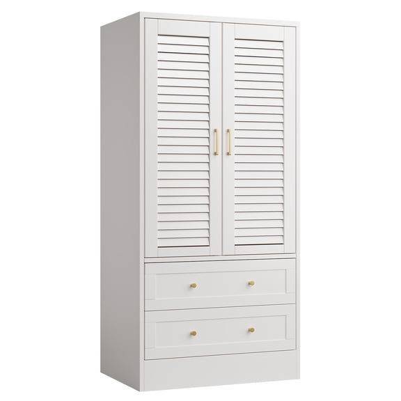 65" Wood Armoire Wardrobe Closet with 2 Shutter Doors, 2 Drawers, Magnetic Closure & Metal Slides – Modern Tall Storage Cabinet for Bedroom, Living Room or Nursery, White