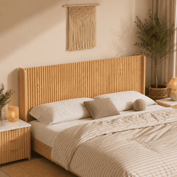 ICEELF 65'' Queen Headboard Only for Bedroom, Solid Wood Wave Panel Headboard with LED Lights & Charging Station, Wall-Mounted, Natural