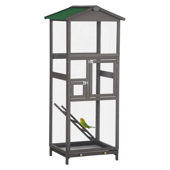 65" Wooden Bird Cage Outdoor Aviary for Parrot, Parakeet - Grey, 2 Doors, Pull Out Tray