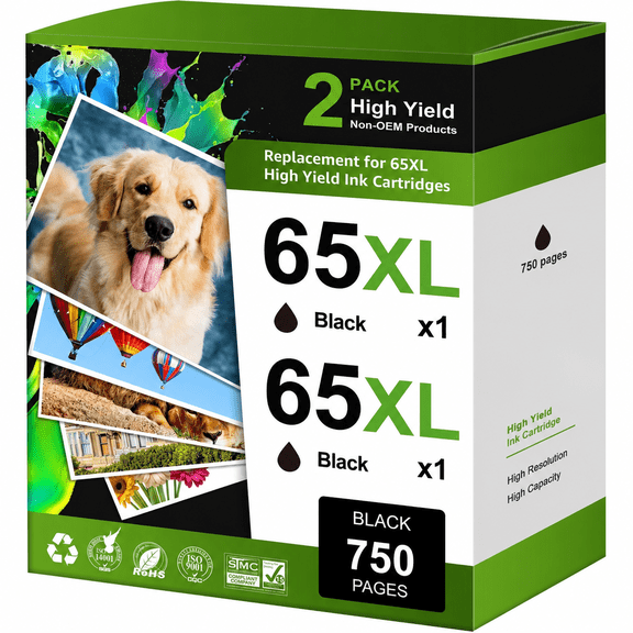 65 XL 65XL Ink Cartridge Compatible for HP65 Black Ink for DeskJet 3755 3700 3752 3772 2600 2622 2652 2655 2640 Envy 5000 5055 5052 5014 5010 5070 AMP 100 120 130 Printers (2 Pack)