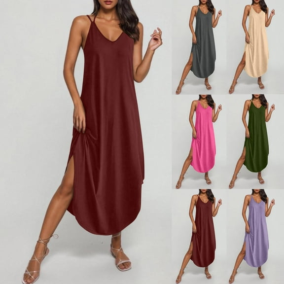 Xunlbb Summer Dresses for Women 2025 Woman Fashion Comfortable Summer Solid Color Tie Pocket Sleeveless Round-Neck Dress S-2XL