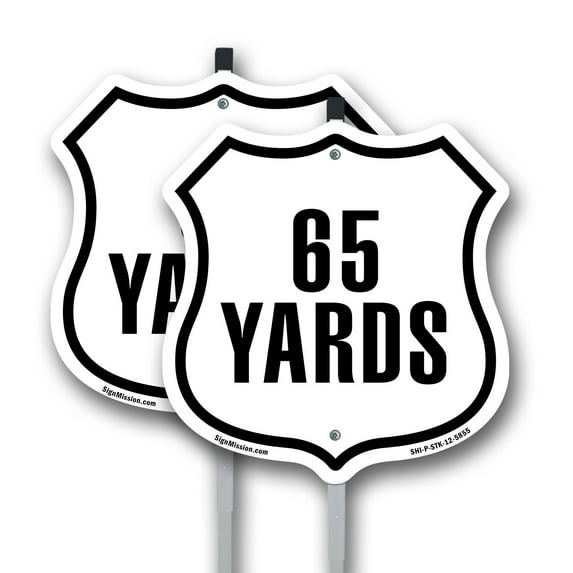 65 Yards Golf Course Running Race 5k Marathon Distance Marker (2 Pack) 12 inch X 12 inch Shield Shaped Rust-Free Aluminum Metal Signs with Aluminum Mounting Stakes Weather Resistant