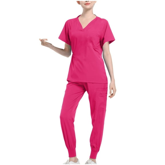 Ynynloco Womens Lightweight Breathable Scrub Sets Solid Color V-Neck Short Sleeve Scrub Top with Jogger Working Nursing Uniform with Pockets
