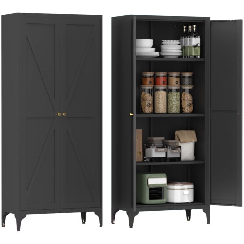 65 in black [Metal Adjustable] 2 Doors Metal Storage Cabinet Kitchen Pantry Cabinet With Adjustable Shelves Tall Steel Cabinet Locker For Kitchen, Living Room, Dining Room And Office