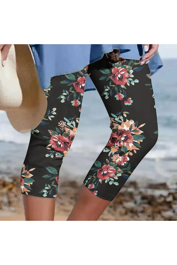 Pants Plus Size for Women,Womens Athletic Cropped Pants Floral Printing Casual Elastic Waist Beach Pants