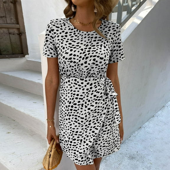 GaThRRgYP Summer Dress for Women 2025,Short Sleeves Dress,Woman Spring Summer Printing Frenulum Cover Hip Sleeve Short Sleeve Round Neck Dress