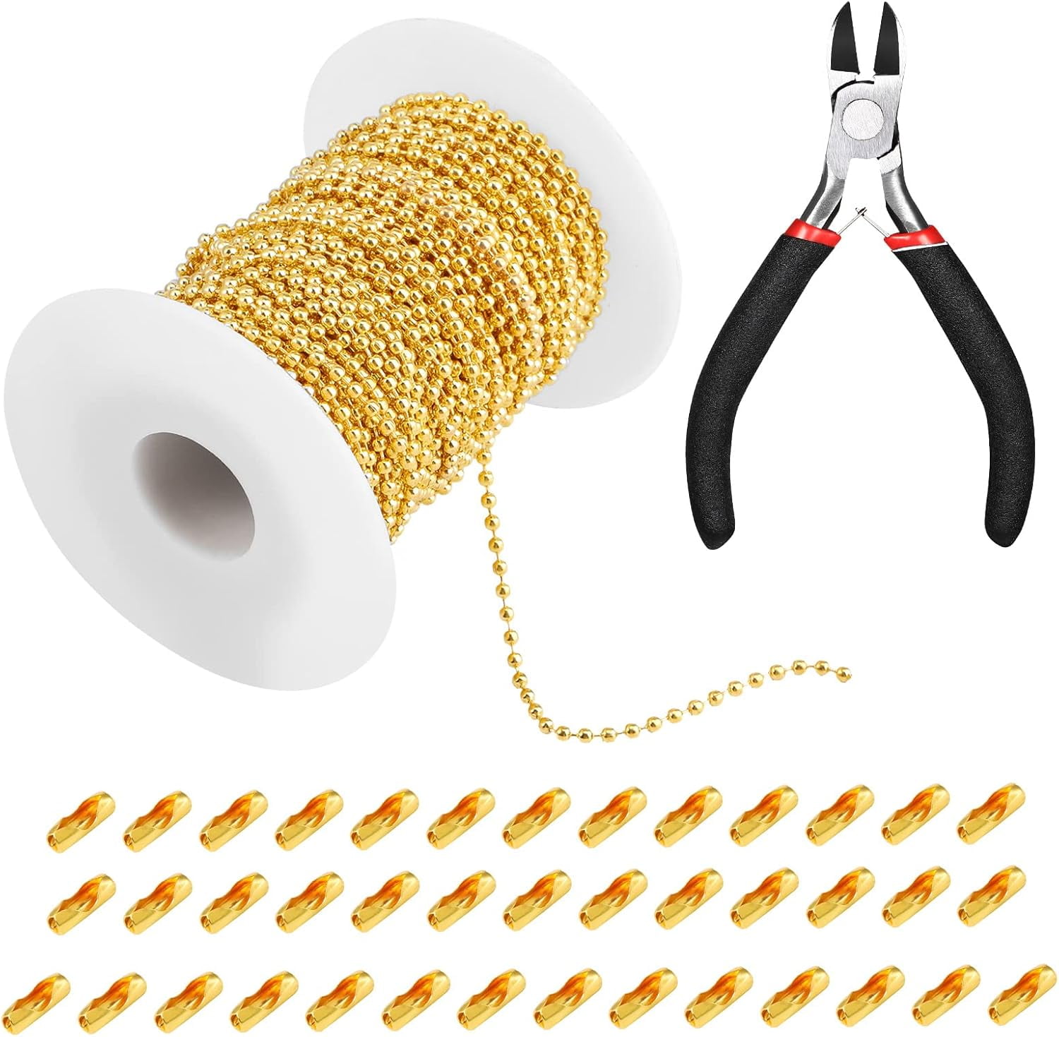 65 ft Ball Necklace Chains, 2. 4mm Bead Link Dog Tag Chain Roll with 40 Ball Connectors and Plier for Necklace Hanging Ornament Key Chain Dog Pet Tags(Gold)