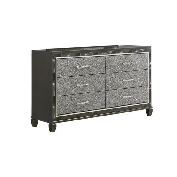 65 in. Ren 6 Glitter Front Storage Drawers Black & Silver Chrome Wide Dresser